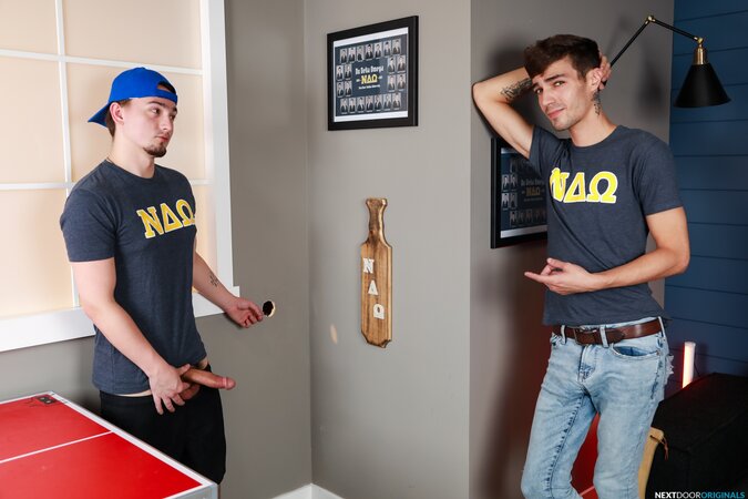 Frat boys Masyn Thorne and Jacob Acosta try out their homemade glory hole