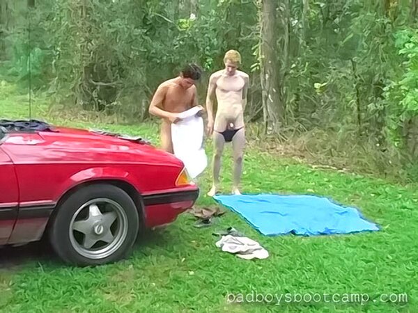 AJ and Chas Kramer splash their loads after a wild outdoor fuck