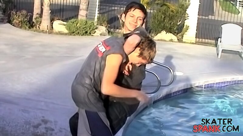 Slim twinks Brandon Keene, Evan Heinze, Grant Hiller and Ian play in the pool