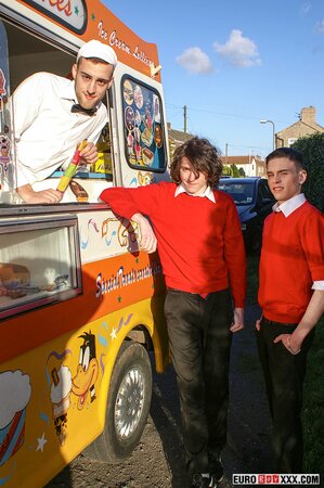 Jason Sutton and Bradley Hayden pound Aaron Aurora in the ice cream van