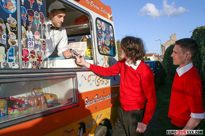 Jason Sutton and Bradley Hayden pound Aaron Aurora in the ice cream van