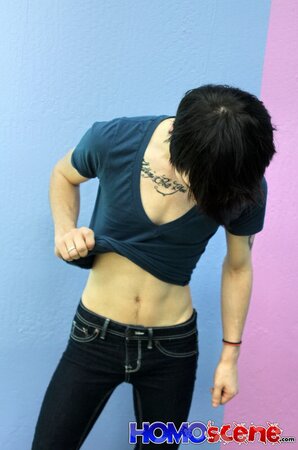 Emo twink strips and and shows tattoos on camera